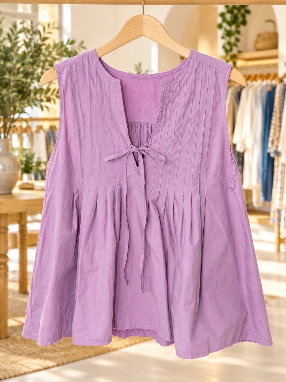 Nation Los Angeles Lavender Pima Cotton V-Neck Tie Front Sleeveless Top L Preppy